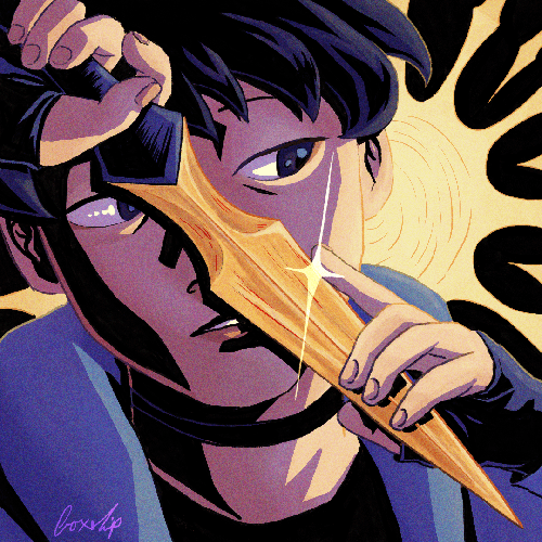 A teenager with light skin and short black hair. They hold a knife with a golden blade in front of their face. Behind them is the sun.